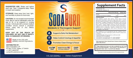 SodaBurn Metabolic Drops supplement facts panel and suggested use